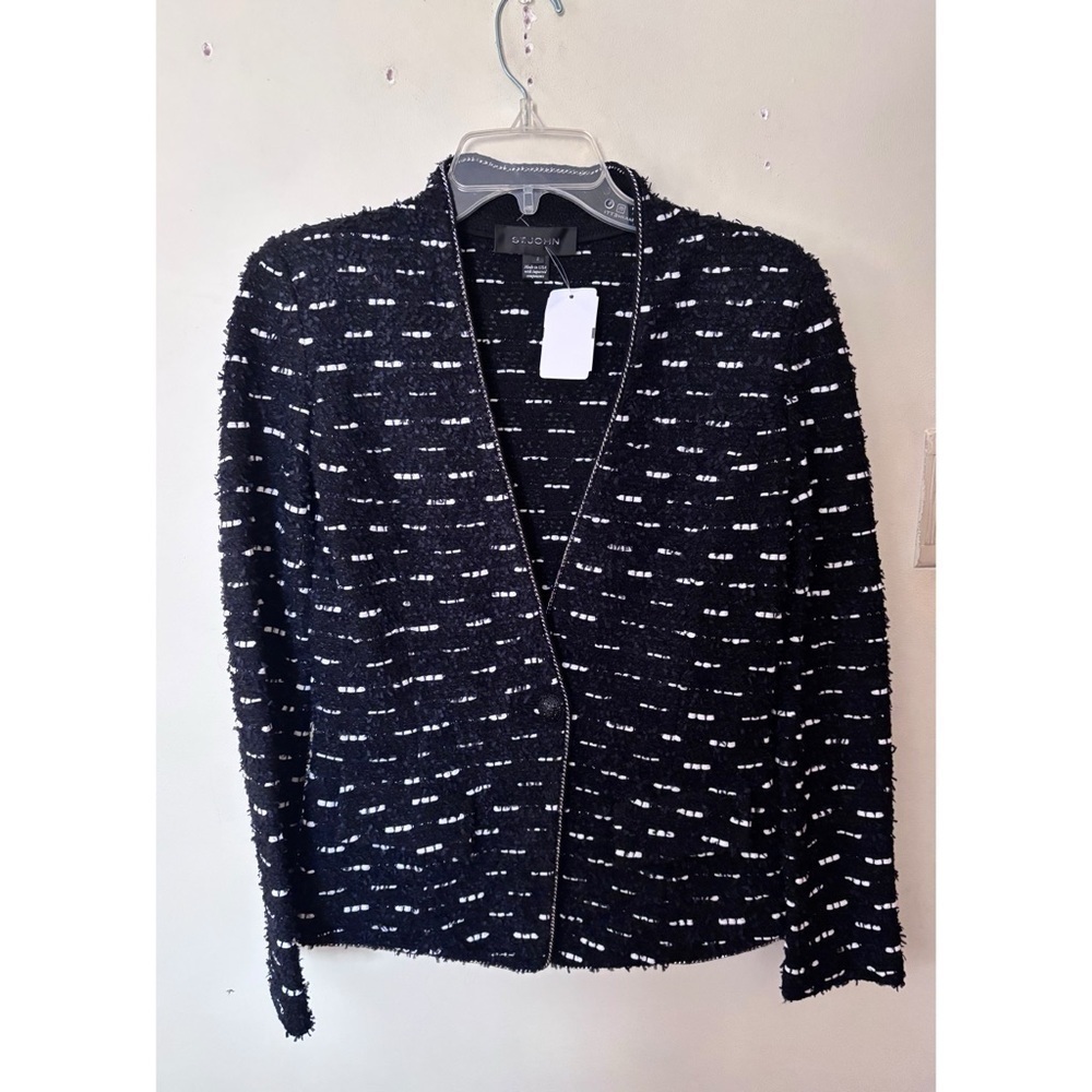 St. John Caviar Black White With Silver Chain Detail Jacket Sz 2